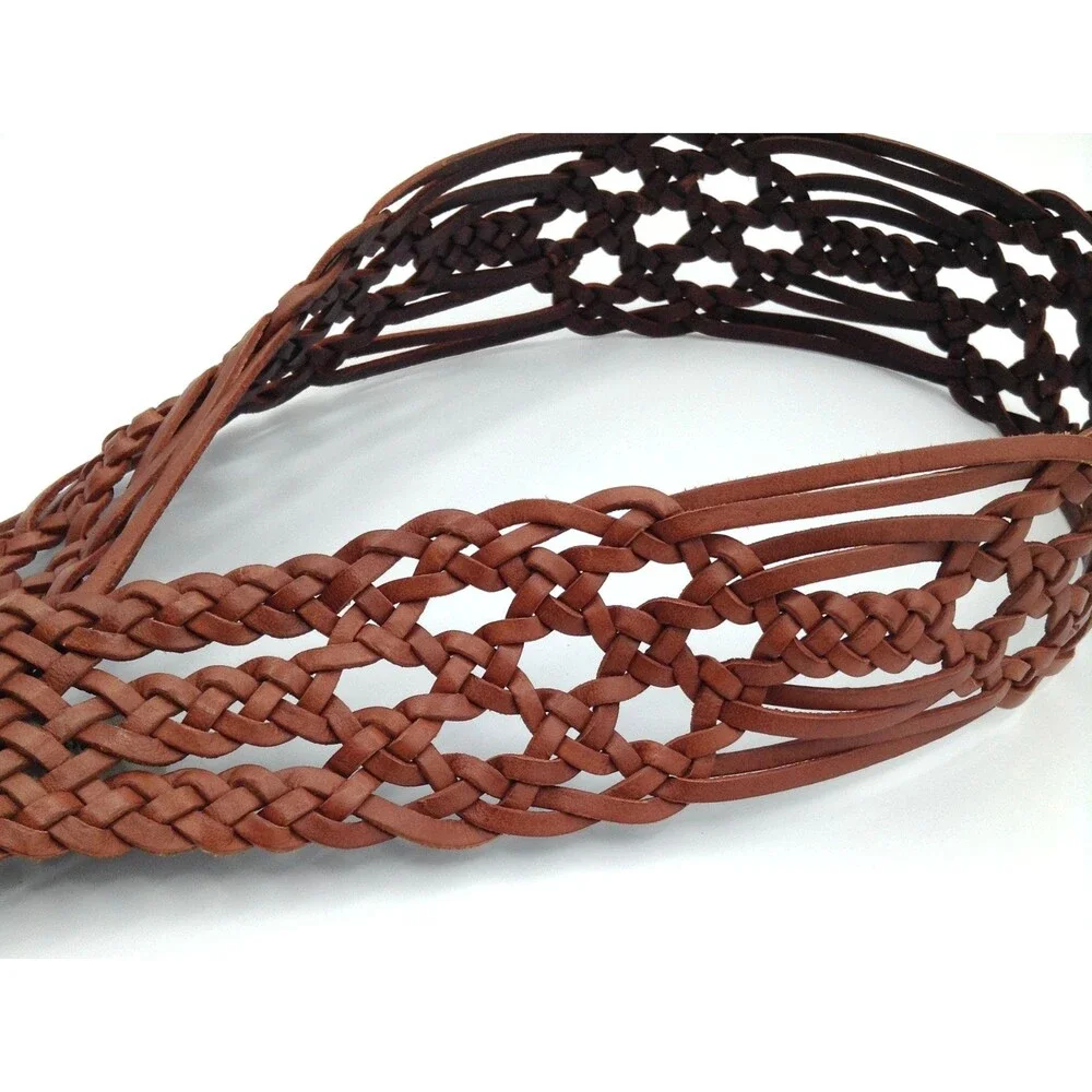 Fossil Belt Wn S Brown Leather Braided Woven Brass Buckle Boho Hippie Western